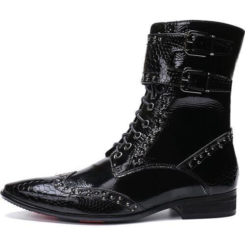 European Men Knee High Boots Black High Top Work Studded Cowboy Boots Python Skin Lace Up Motorcycle Shoes Man Zapatos Hombre