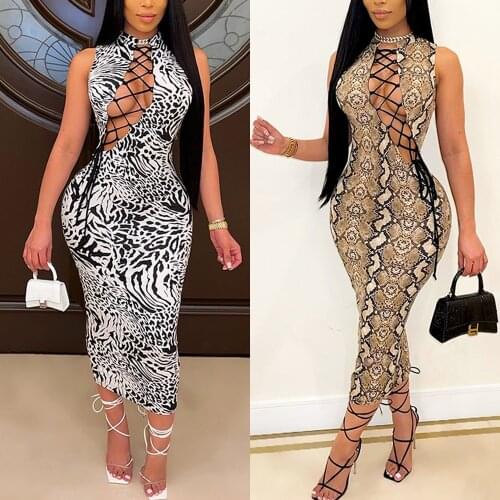 New Summer Fashion Ladies Dress Digital Python Print Lace Hollow Lace Sexy Nightclub One-Piece Dress