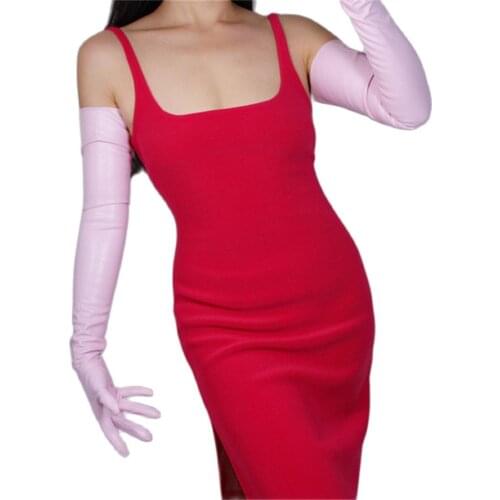 Extra Long Leather Gloves 70cm Extra Long Simulation Leather Imitation Leather Sheepskin Cherry Light Pink PUQF70