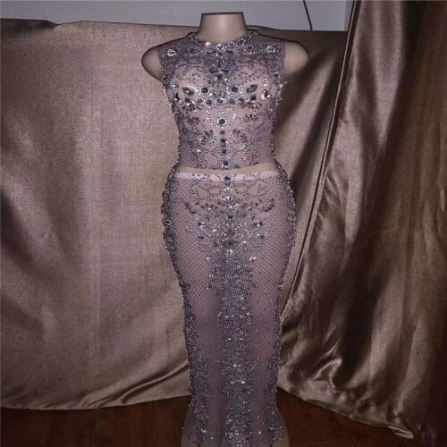 V26 Singer perform split rhinestones dress catwalk show crystal elastic skirt diamonds clothe shinning outfit birthday costumes