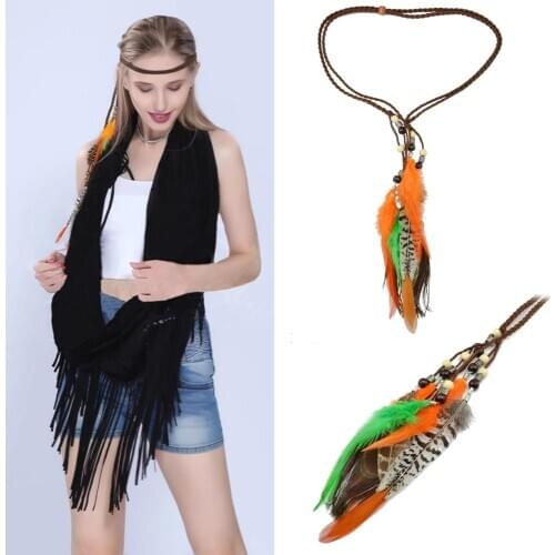 Indian Women Colorful Feather Boho Hair Bands Hippie Festival Gypsy Tribe Beads Headband Bohemian Peacock Retro Hair Accessories