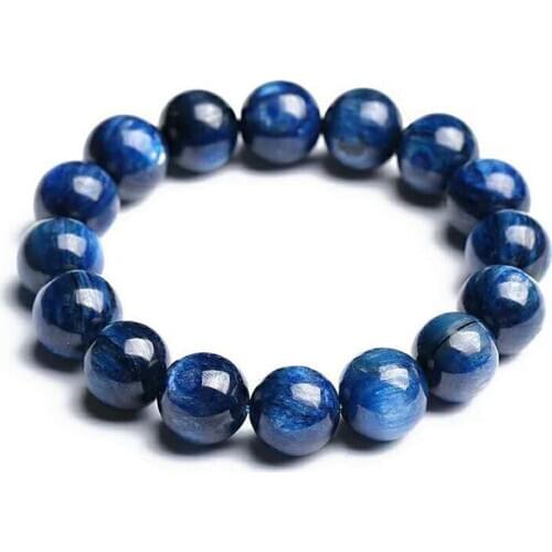 Drop Shipping Women Mens Crystal Stretch Big Round Bead Bracelet Powerful 14mm Genuine Blue Gems Natural Kyanite Bracelet