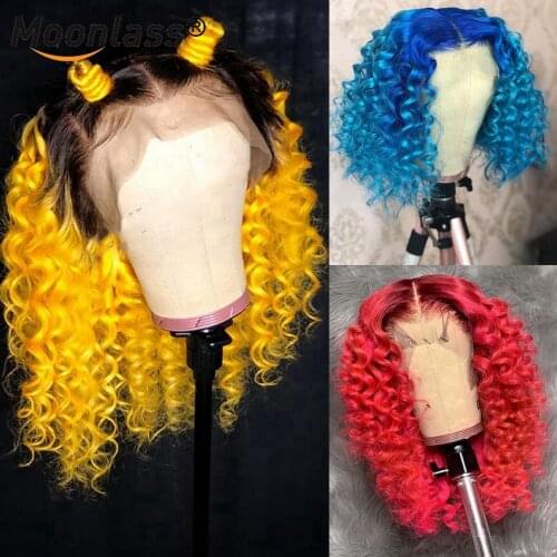 Blue Deep Curly Lace Front Wig Red Yellow Pre Plucked Curly Human Hair Wig Brazilian Remy 13x4 Ombre Lace Front Human Hair Wigs