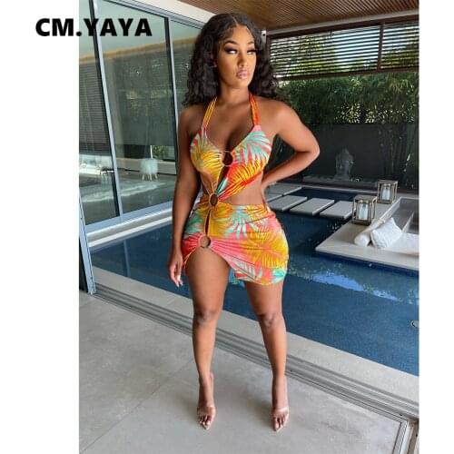 CM.YAYA Women Dress Tie Dye Print Halter Backless Slit Sheath Elastic Mini Dresses Sexy Night Club Party Vestidos Summer Outfits