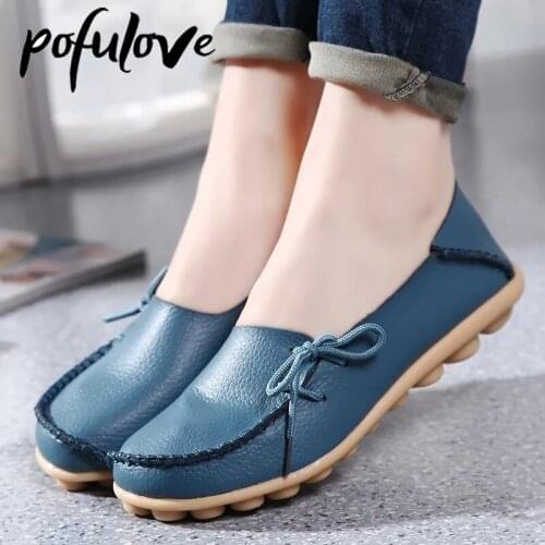 Pofulove Flats Shoes Women Leather Loafers with Bow Plus Size Shoes 43 44 Ballet Zapatos De Mujer Spring Autumn Slip on Flats