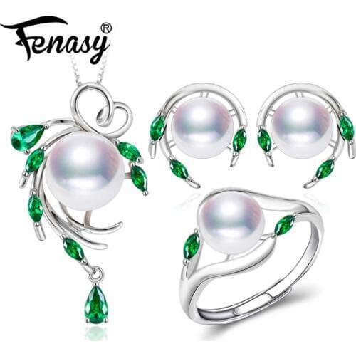 FENASY 925 Sterling Silver Natural Pearl Emerald Jewelry Sets Leaf Earrings Necklace Pendant Engagement Ring Sets For Women