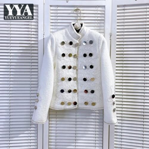 Retro Stand Collar White Suit Jacket Embroidery Single Breasted Office Ladies Slim Fit Design Coat New Autumn Casual Outerwear