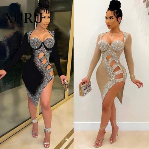 XURU European and American Sexy Nightclub Dress Womens Diamond Long-sleeved Dress Hollow Split Black Dress