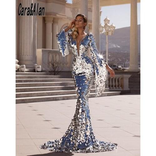 Sexy Deep V Neck Mermiad Prom Dress Sequin Long Flared Sleeves Evening Gowns Custom Made robe de soirée de mariage