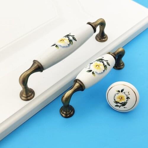 1PCS Zinc Alloy Antique Bronze Ceramic Knobs Yellow Flower Cabinet Handles Drawer Wardrobe Door Handle Furniture Hardware