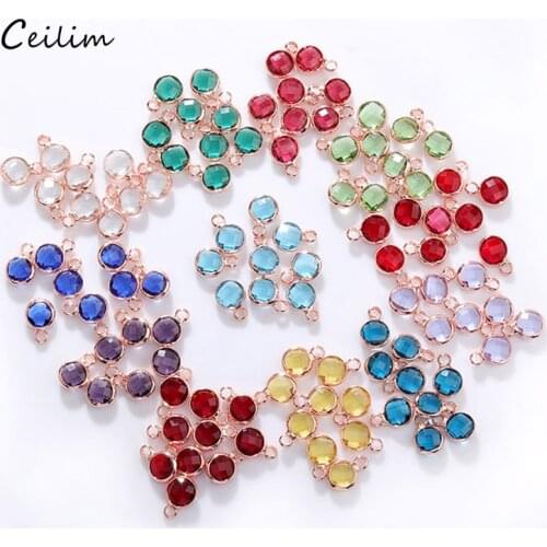 10pcs Cute Colorful Crystal Birthstone Charms 6mm Round Beads Rose Gold Pendants for Diy Bracelet Jewelry Making Accessories