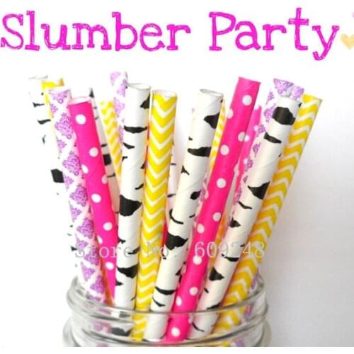 100pcs Mixed Colors Slumber Party Paper Straws,Zebra/Birch Pattern,Deep Pink Dot,Purple Damask,Yellow Chevron,Bachelorette,Fun