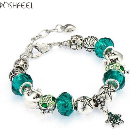 Poshfeel Diy Summer Bracelet Shell/Turtle/Anchor Charm Bracelets For Women Green Crystal Beads Famous Brand Jewelry Mbr170197