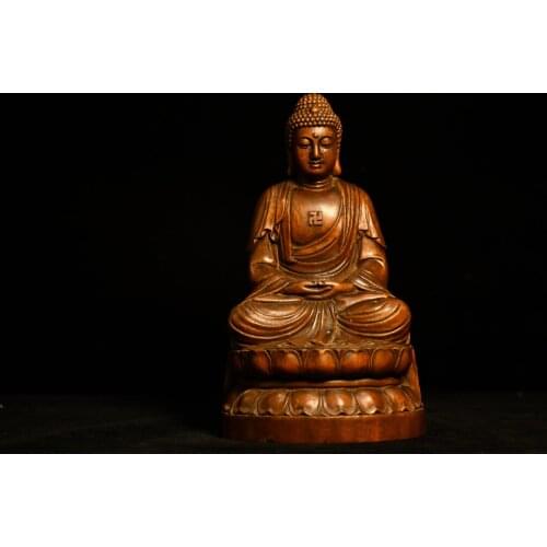 9"China Lucky Old Boxwood Hand-carved Amitabha Buddha Sakyamuni Sitting Buddha Enshrine the Buddha Office Ornaments Town House