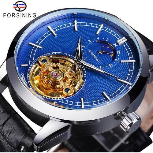 Forsining Mechanical Mens Watch Business Waterproof Automatic Male Wristwatch Moon Phase Leather Skeleton Top Brand Luxury Clock