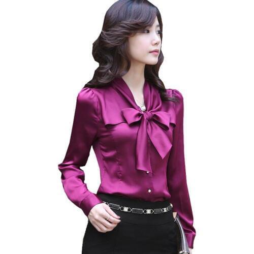 Cheap clothes china high quality satin blouse bow decorated womens long sleeve blouse tops lady plus size S-XXXL ZY1991