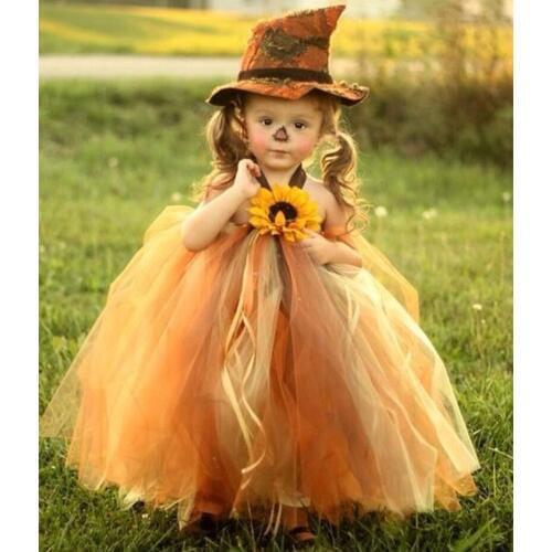Sunflower Kids Gilrs Halloween Pumpkin Tulle Tutu Dress for Party Trick or Treat Tutu Dresses Cosplay Costume Thanksgiving Dress