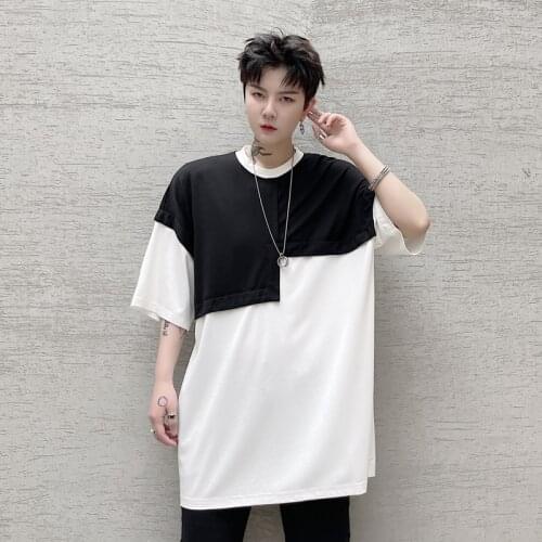 Summer ins personality black and white contrast splicing Korean mens loose Casual Short Sleeve T-Shirt youth hip-hop T-shirt