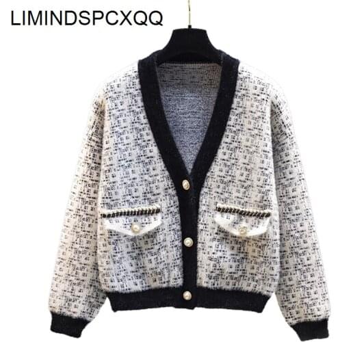 Mink Fleece Thicken Warm Knitting Women Sweater Cardigan V-Neck Long-Sleeve Pocket Loose Female Outwear 2021 Fashion Coats Tops