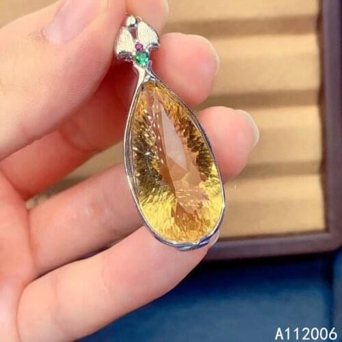 KJJEAXCMY fine jewelry 925 sterling silver inlaid citrine pendant luxury large gemstone female necklace