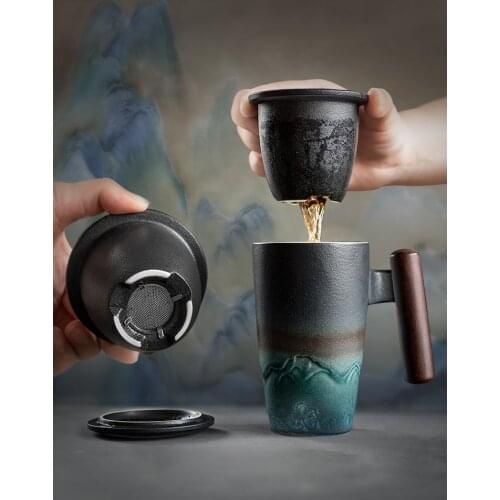 Retro Mugs Coffee Cups Ceramic Strainer teaware Large Tea Cup Office Tea Mug with Lid Couple Drinking Glasses Wooden Handle Gift