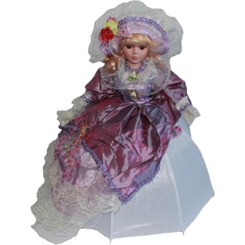 45CM Porcelain Doll Collectible Miniatures Beautiful, Victorian Girl Doll with Hair, Handbag, Hat and Umbrella Lace Gown