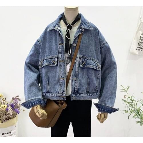 Spring Autumn 2021 Vintage Short Blue Denim Jacket Women Single-breasted Korean Long sleeve Jeans Jacket Casual Jaqueta Feminina