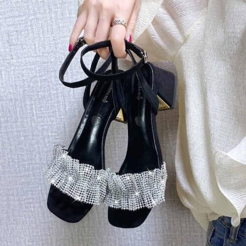 2021 Summer Crystal Slingback Black Sandals New Rhinestone Ruffled Open Toe Sandals High Heels Gladiator Stilettos