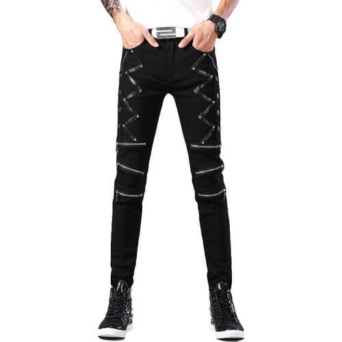 Idopy Men`s Skinny Faux Leather Cotton Patchwork Pants Punk PU Stage Performance Night Club Party Leather Trousers Knee Zippers