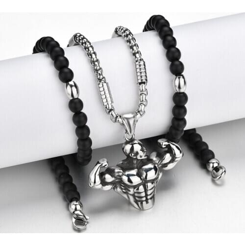Muscle Men Sport Gym Fitness Bodybuilding Pendant Necklaces Black Stone Strand Beads Necklaces