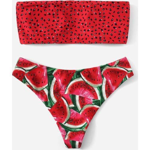 #Z30 Sexy Watermelon Print Bathing Suit Female Push Up Bikini Low Waist Swimsuit Bandeau Swimwear Women 2020 Biquini Red Bikinis
