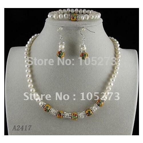 Stunning!pearl jewelry set AA6-7mm white Genuine freshwater pearl &cloisonne necklace bracelet earring free shipping A2417