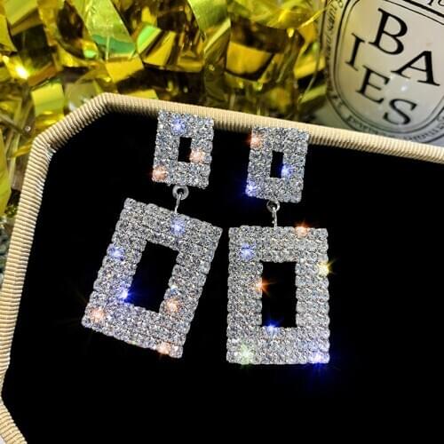 Exknl Luxury Shining Crystal Drop Earrings Gold Silver Color Square Rhinestone Dangle Earrings for Women Wedding Party Jewelry