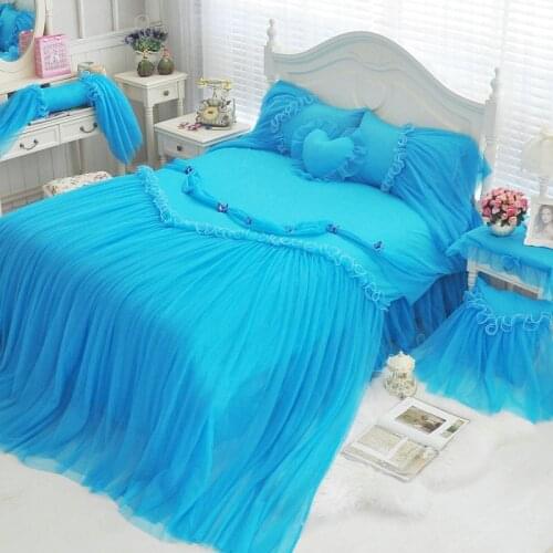 Luxury Korean Bule Lace Butterfly Bedding Set King Queen Size Girl Princess Bed Skirt Duvet Cover Bedspread Pillowcases