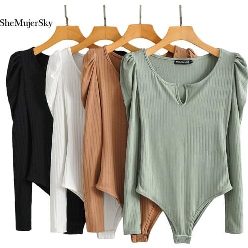 SheMujerSky Sexy Deep V-neck Bodysuit Women Puff Sleeve Knitted Elastic Slim Jumpsuit 2021 Long Sleeve Bodysuits