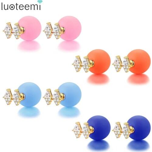 LUOTEEMI Design Cute Bowknot Stud Earrings for Women Ball Pendientes Wedding Party Luxury CZ Four Colors Jewelry Christmas Gift