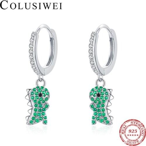 Colusiwei Vintage Round Hoop Earrings 925 Sterling Silver Sweet Lovely Green Crystal Dinosaur Earrings for Women Trendy Jewelry