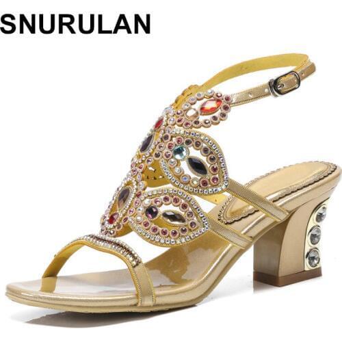 SNURULAN 2019 Summer Golden Shape Masks Rhinestone Sandals Non-Slip Universal Fashion High Heel Wedding Shoes