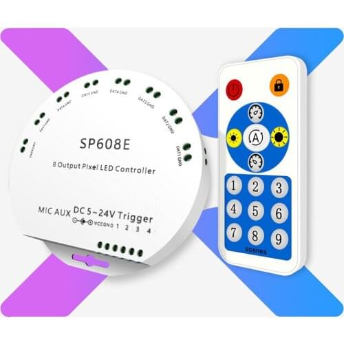 SP608E DC5V-24V WS2812B Music Controller WS2811 WS2815 8CH Signal Output LED Light Strip Built In Mic IOS Android Bluetooth App
