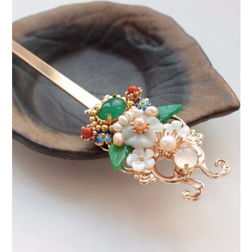 Green Emerald Leaf Hair Pin Freshwater Pearl Flower Hair Stick Vintage Wedding Hair Accessories Hairpins For Girls