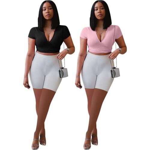 S-XL Women Clothing Fashion Summer 2021 Solid Color v Neck Top And Shorts Two Piece Set Wholesale Dropshipping