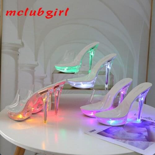Mclubgirl 2020 Summer Sexy Nightclub Walking Shiny Light Shoes Shallow Mouth Transparent Crystal High Heel Women Sandals LFD