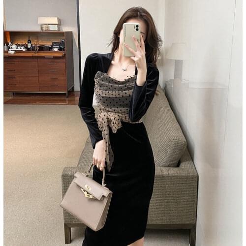 Women Dresses 2021 Spring And Autumn Small Stitching Polka Dot Voile Black Dress Vestido De Mujer Femme Robe