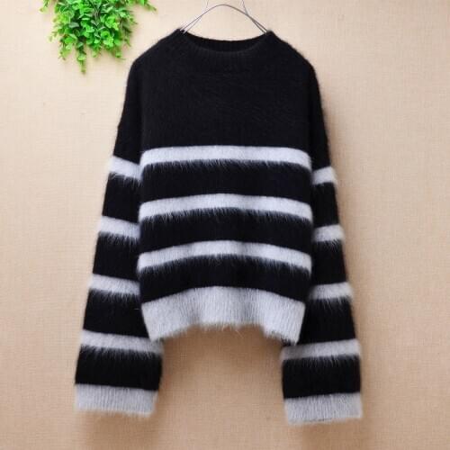 Pull female women striped mink cashmere knitted long flare sleeves loose pullover angora rabbit fur winter tops jumper sweater