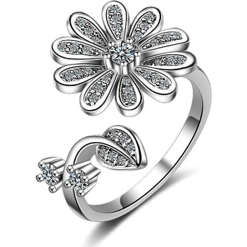 New 925 Sterling Silver Fashion Sunflower Crystal Lady Finger Rings Jewelry Women Christmas Gift No Fade Open Ring Wholesale