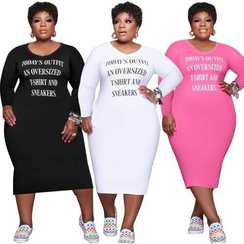 2021 Spring Summer Plus Size Dress Women O-Neck Long Sleeve Letter Print Pencil Dress Casual Knee-Length Dress 5XL