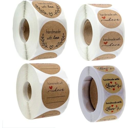 500 Pcs Handmade with Love Stickers Round Seal Labels Kraft Paper Stickers for Gift Package Adhesive Thank You Sticker