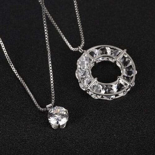 Top Quality Shinning Crystal Geometric Pendant Necklace Silver Plated Two Layers Chains Necklace Best Gift For Women