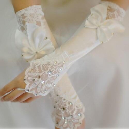 Women Bridal Long Gloves Fingerless Floral Lace Patchwork Mittens Glitter Rhinestone Big Bowknot Elbow Length Hook Finger Warmer