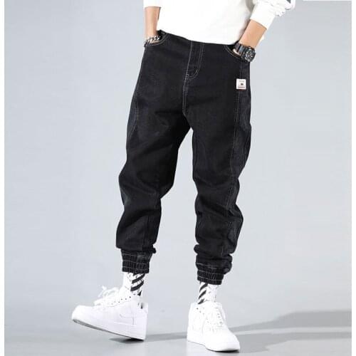 Men Jeans Black Loose Fit Stripe Spliced Designer Cargo Pants Japanese Fashion Harem Jeans Streetwear Hip Hop Jeans Men Joggers